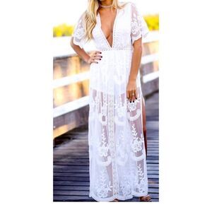 Eleter White Lace V-Neck Maxi Romper Dress Women's Boho Party Outfit Small